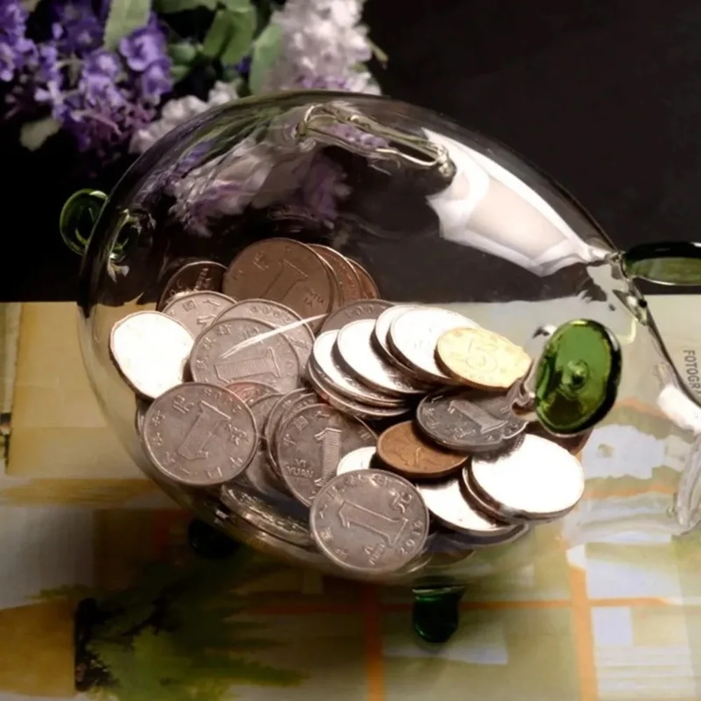 Clear Glass Piggy Bank W/Green Accents Hi-Quality Crystal-Clear Glass Hand-Made